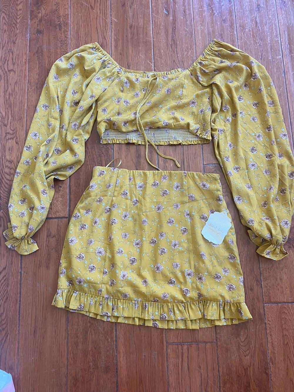 NWT Altard State Mustard Yellow Florals Matching Skirt and Top Set